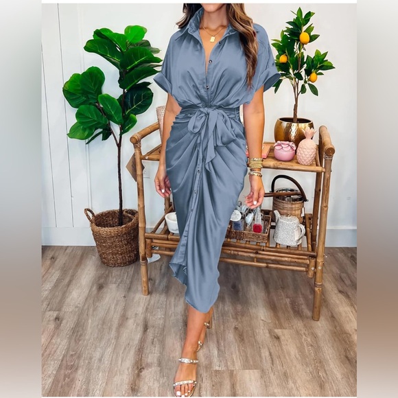 Silver Short Sleeve Ruched Shirt Dress - Picture 2 of 5